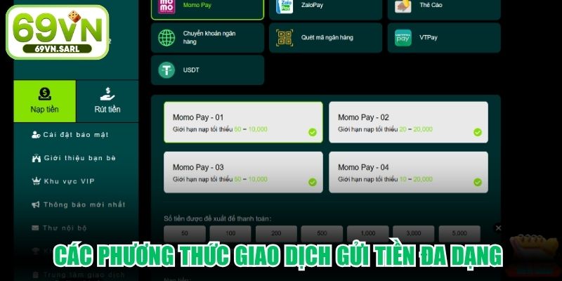 Các phương thức giao dịch gửi tiền đa dạng tại hệ thống nhà cái 69VN